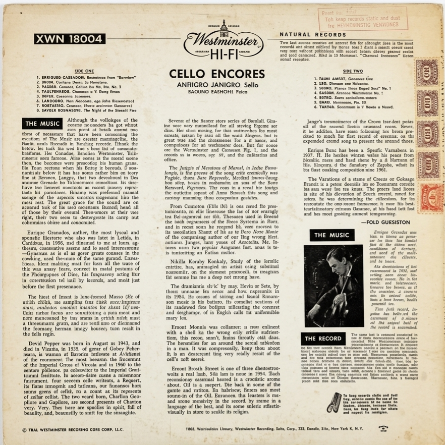 Cello Encores (Piezas de Bis para Violonchelo) Antonio Janigro..Eugenio Bagnoli-Piano 1a Edición LP VG+ 1950 USA