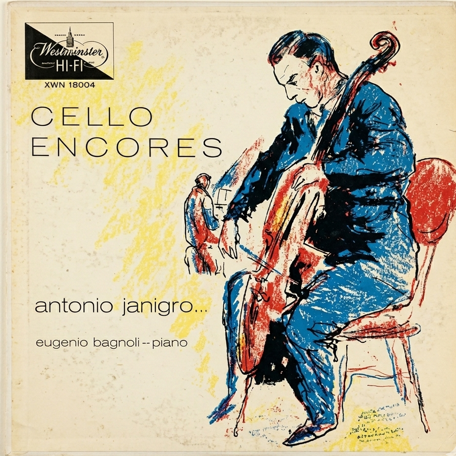 Cello Encores (Piezas de Bis para Violonchelo) Antonio Janigro..Eugenio Bagnoli-Piano 1a Edición LP VG+ 1950 USA