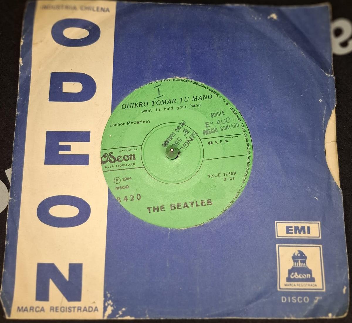 The Beatles – Quiero Tomar Tu Mano / Este Muchacho (I Want to Hold Your Hand / This Boy) – Vinilo 7" 45 RPM VG+/VG MSOD 8719 Edición Chilena 1964 Odeon