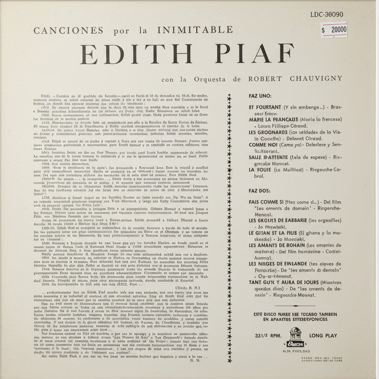 Edith Piaf - Canciones por la inimitable Edith Piaf LP VG+ 1960 Chileno