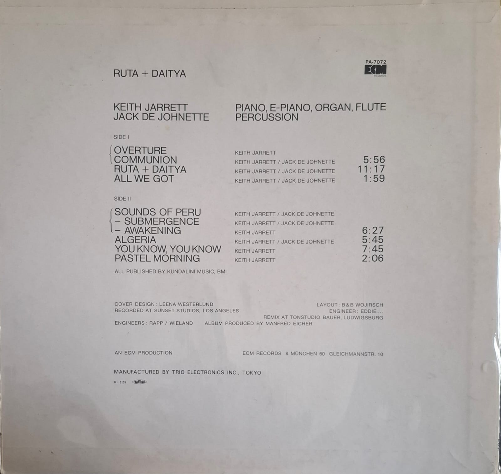 Keith Jarret - Jack DeJohnette - Ruta + Daitya LP VG+ ECM 1973 Japón