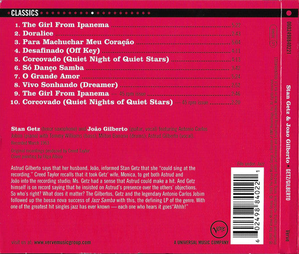 Stan Getz / Joao Gilberto* Featuring Antonio Carlos Jobim – Getz / Gilberto CD