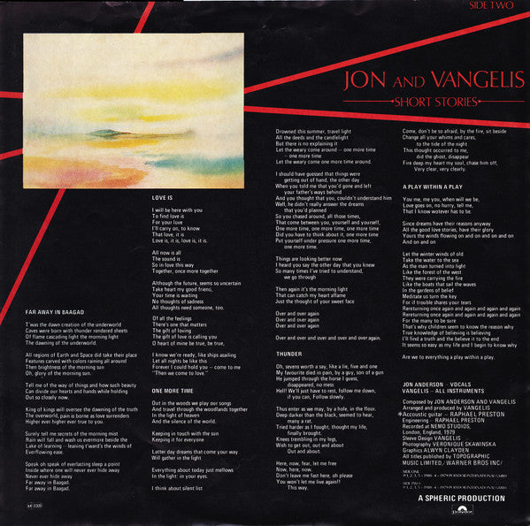 Jon And Vangelis – Short Stories LP Vinilo VG+1980 Alemán